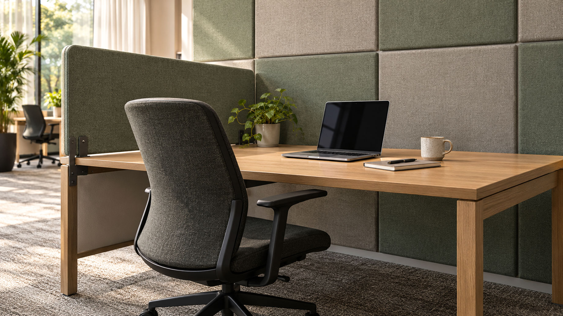 Oak desk with a laptop, fabric divider and upholstered chair against sage and grey acoustic wall panels.