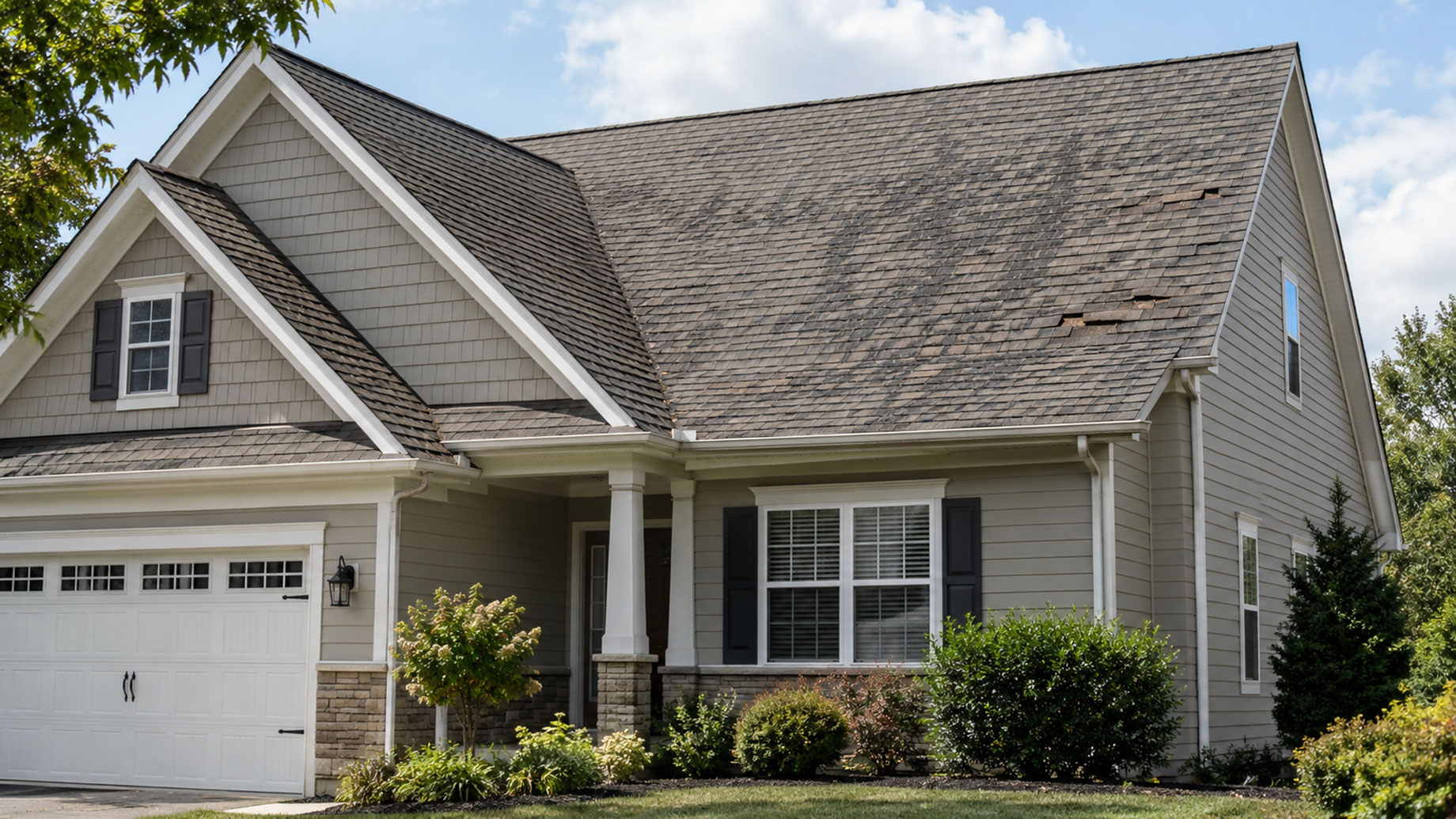 Suburban home with gray siding and a weathered asphalt shingle roof showing worn surfaces and damaged shingles near the right roof edge.