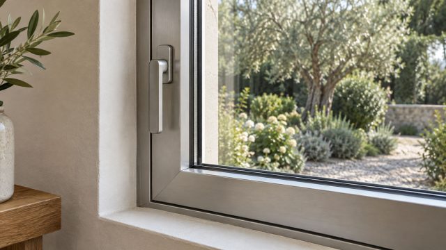 Close-up of a satin aluminum window frame and handle beside a plaster reveal, overlooking a sunlit garden.