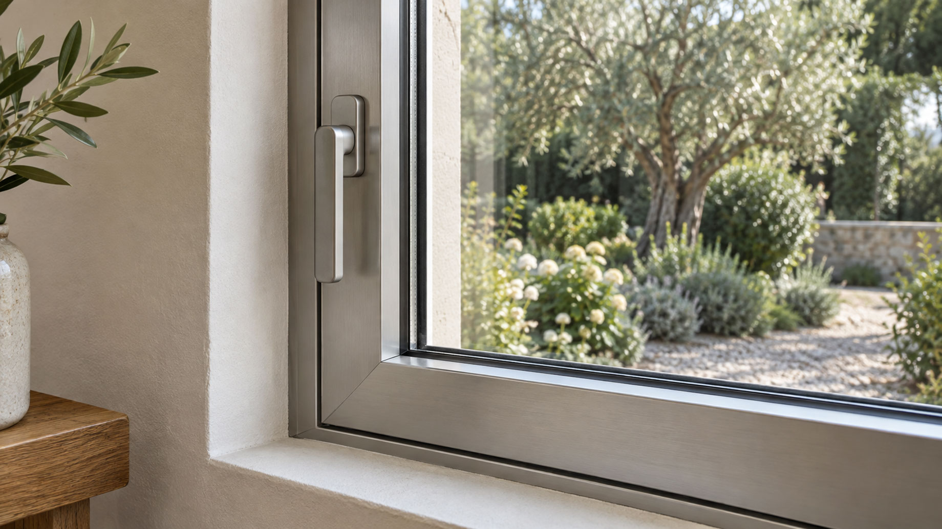 Close-up of a satin aluminum window frame and handle beside a plaster reveal, overlooking a sunlit garden.