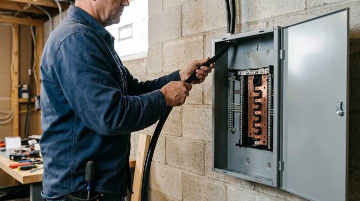 An electrician works on a home electrical panel upgrade installing a new empty breaker box and wiring in a basement