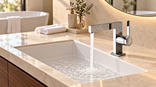 Chrome mixer tap running water into a rectangular white basin set in a pale stone vanity, with a freestanding bath behind.