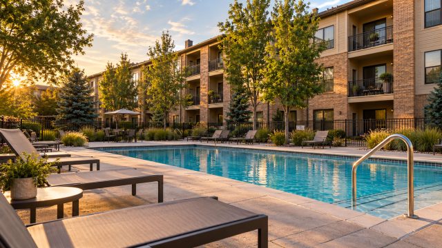 Swimming pool surrounded by lounge chairs, landscaped beds and three-story apartment buildings in warm evening light.
