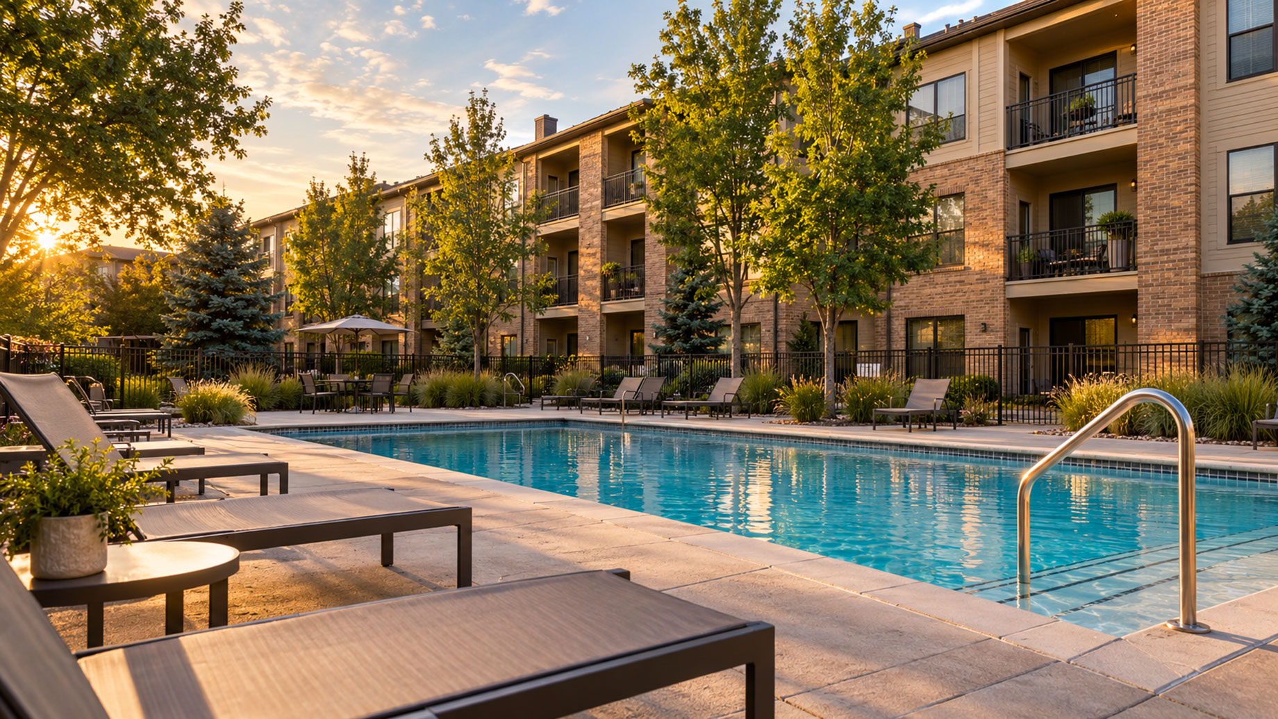 Swimming pool surrounded by lounge chairs, landscaped beds and three-story apartment buildings in warm evening light.