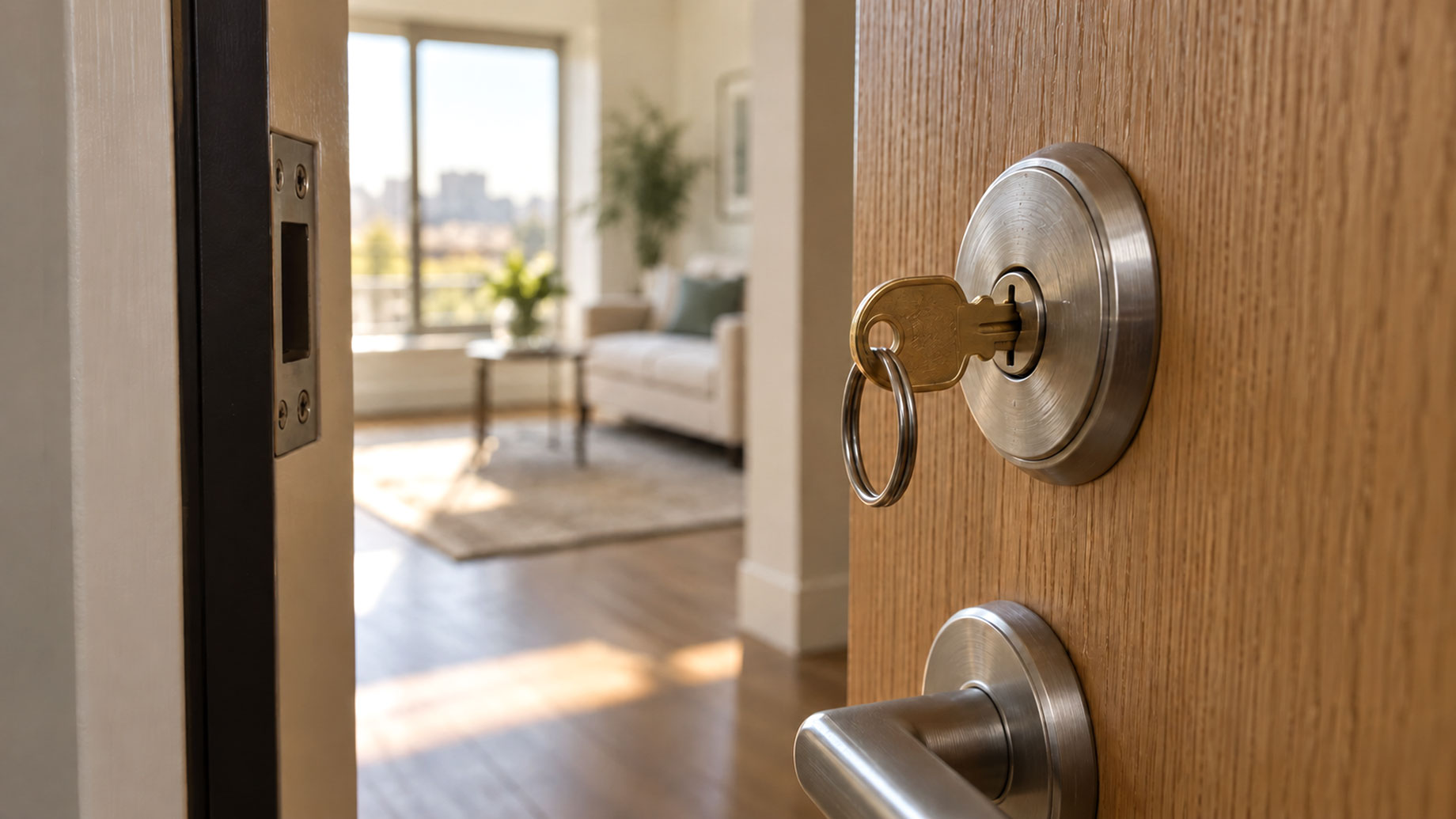 Brass key in a brushed-metal lock on a partly open wooden apartment door, with a sunlit living room visible beyond.
