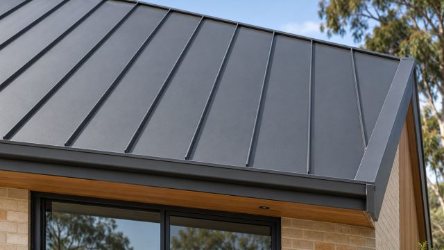 Charcoal standing-seam metal roof with a matching gutter above timber eaves, pale brickwork and black-framed windows.