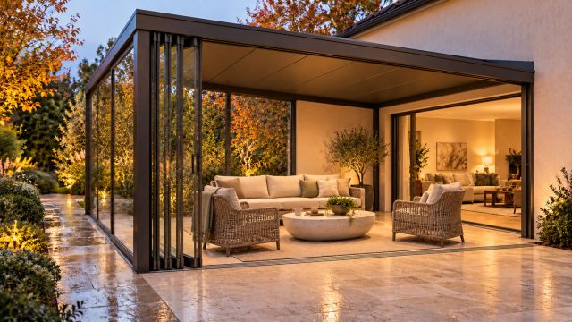 Attached outdoor lounge with folding glass panels, woven seating and a stone table overlooking a softly lit autumn garden.