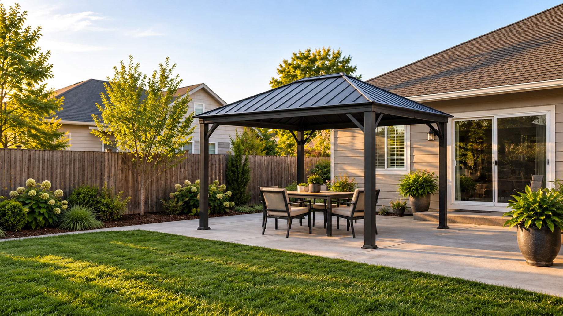 Dark metal gazebo shelters a patio dining set beside a lawn, planted borders and a beige-sided house.