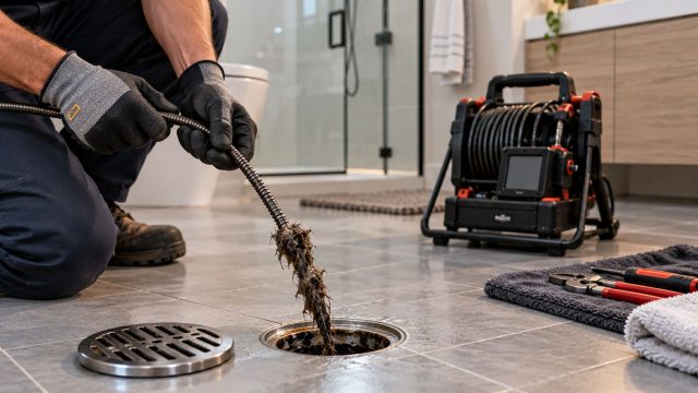 Plumber wearing protective gloves removing a buildup of roots and debris from a bathroom floor drain using a metal drain auger.