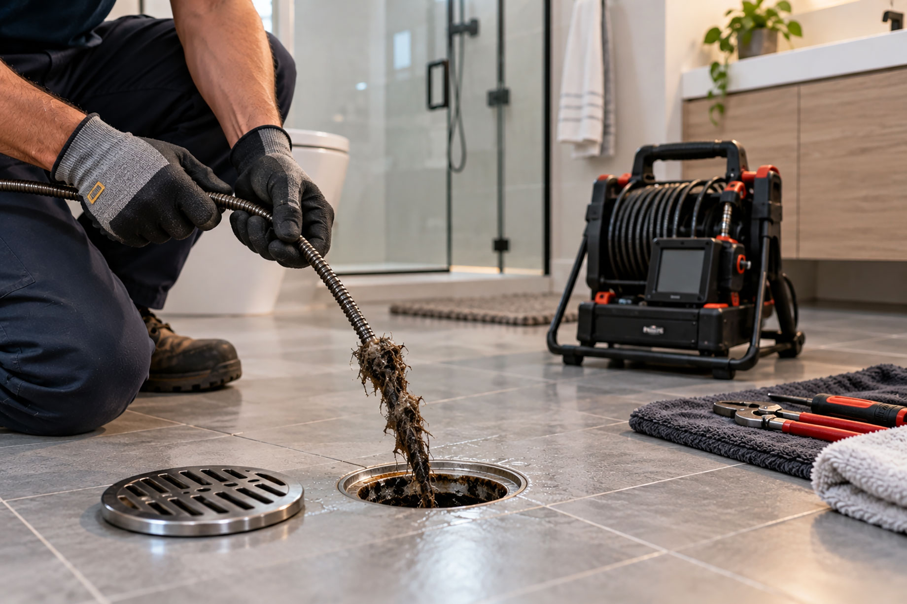 Plumber wearing protective gloves removing a buildup of roots and debris from a bathroom floor drain using a metal drain auger.