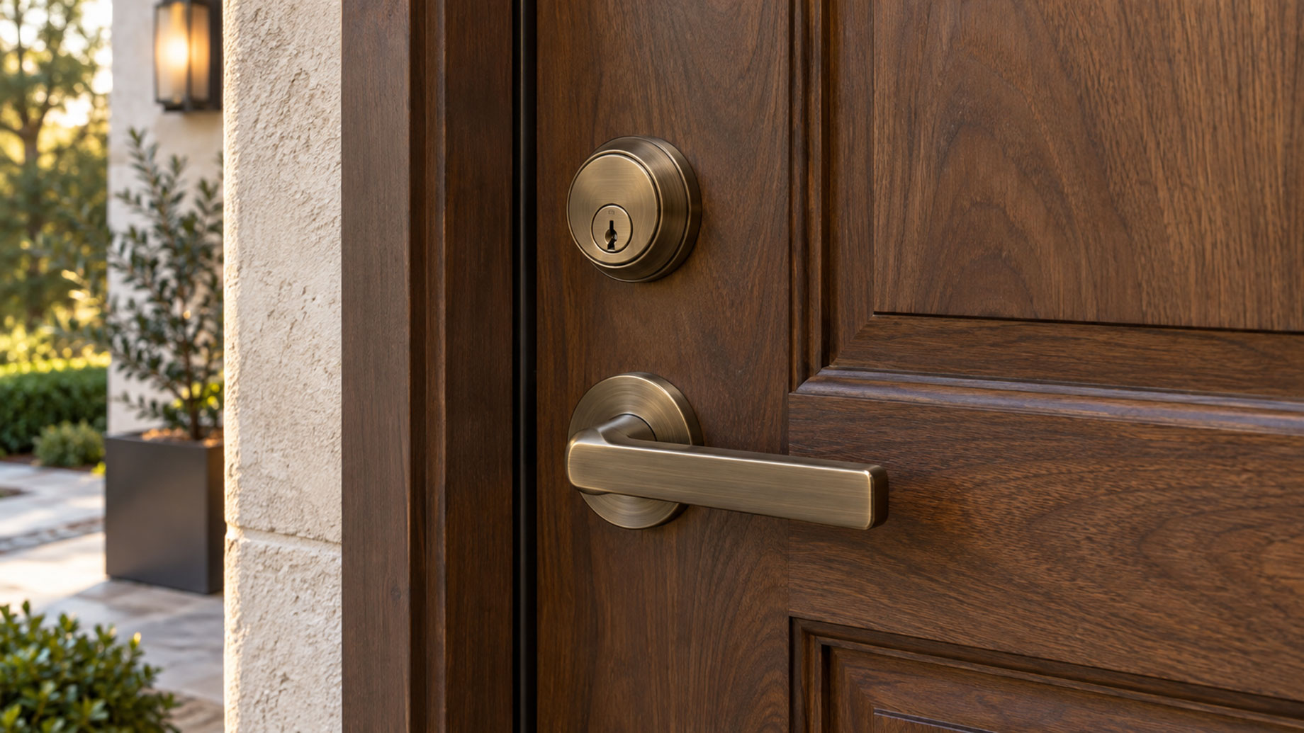 Round bronze-colored deadbolt and matching lever handle on a paneled wooden front door beside a pale exterior wall.