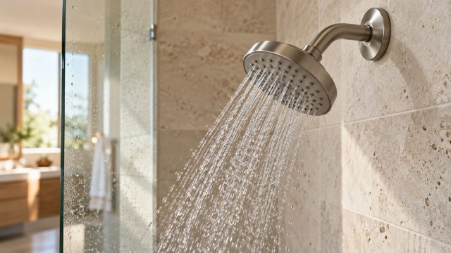 Water flowing from a brushed-nickel showerhead beside a glass panel and pale stone walls, with a softly lit vanity in the background.