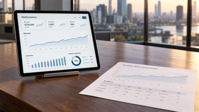 Tablet displaying business performance charts beside a printed report on a walnut table overlooking a city skyline.