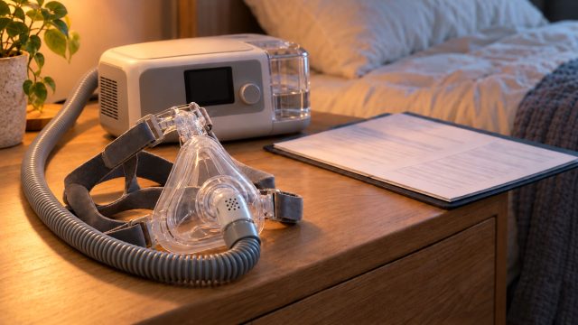 CPAP mask, hose and machine on a wooden bedside table beside a folder of paperwork in a softly lit bedroom.