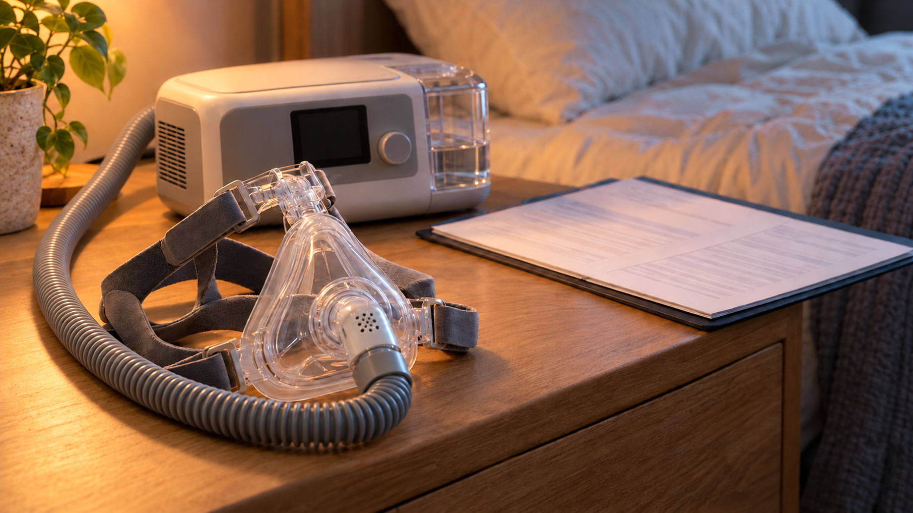 CPAP mask, hose and machine on a wooden bedside table beside a folder of paperwork in a softly lit bedroom.