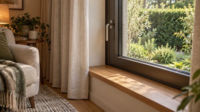 Closed window with a dark frame beside linen curtains, an upholstered armchair and a woven rug, overlooking a leafy garden.