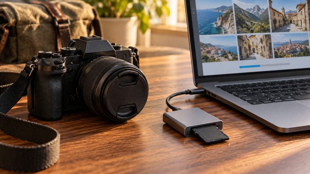 Camera beside an SD card reader connected to a laptop displaying travel-photo thumbnails on a wooden desk.