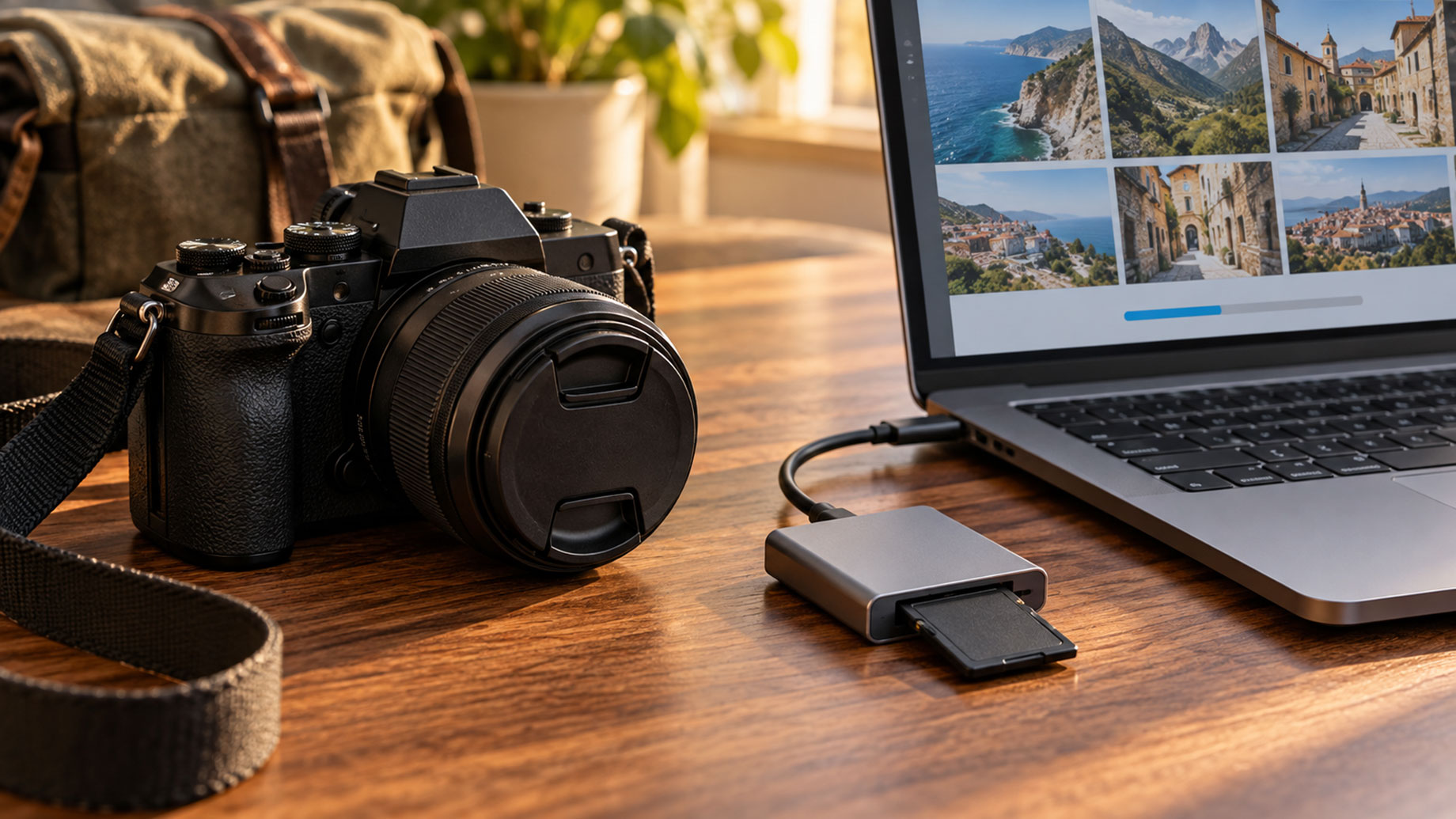 Camera beside an SD card reader connected to a laptop displaying travel-photo thumbnails on a wooden desk.