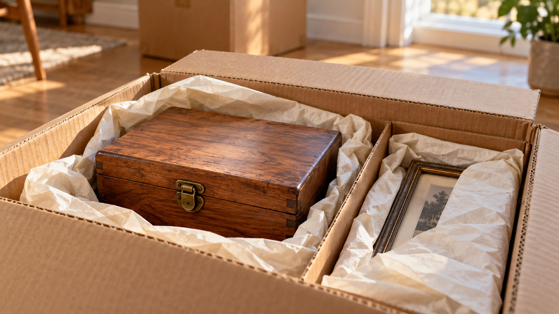 Wooden keepsake box and a framed photograph cushioned with packing paper inside a divided cardboard moving box.