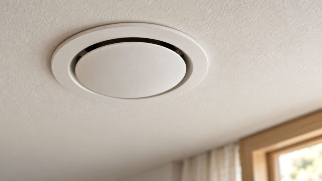 Close-up of a white circular ventilation valve in a textured plaster ceiling, with a blurred window and linen curtain behind.