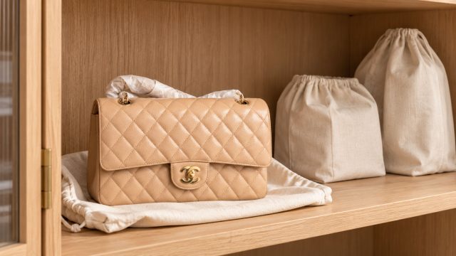 Caramel quilted Chanel bag with a tissue-wrapped chain beside two closed protective pouches on an oak cabinet shelf.