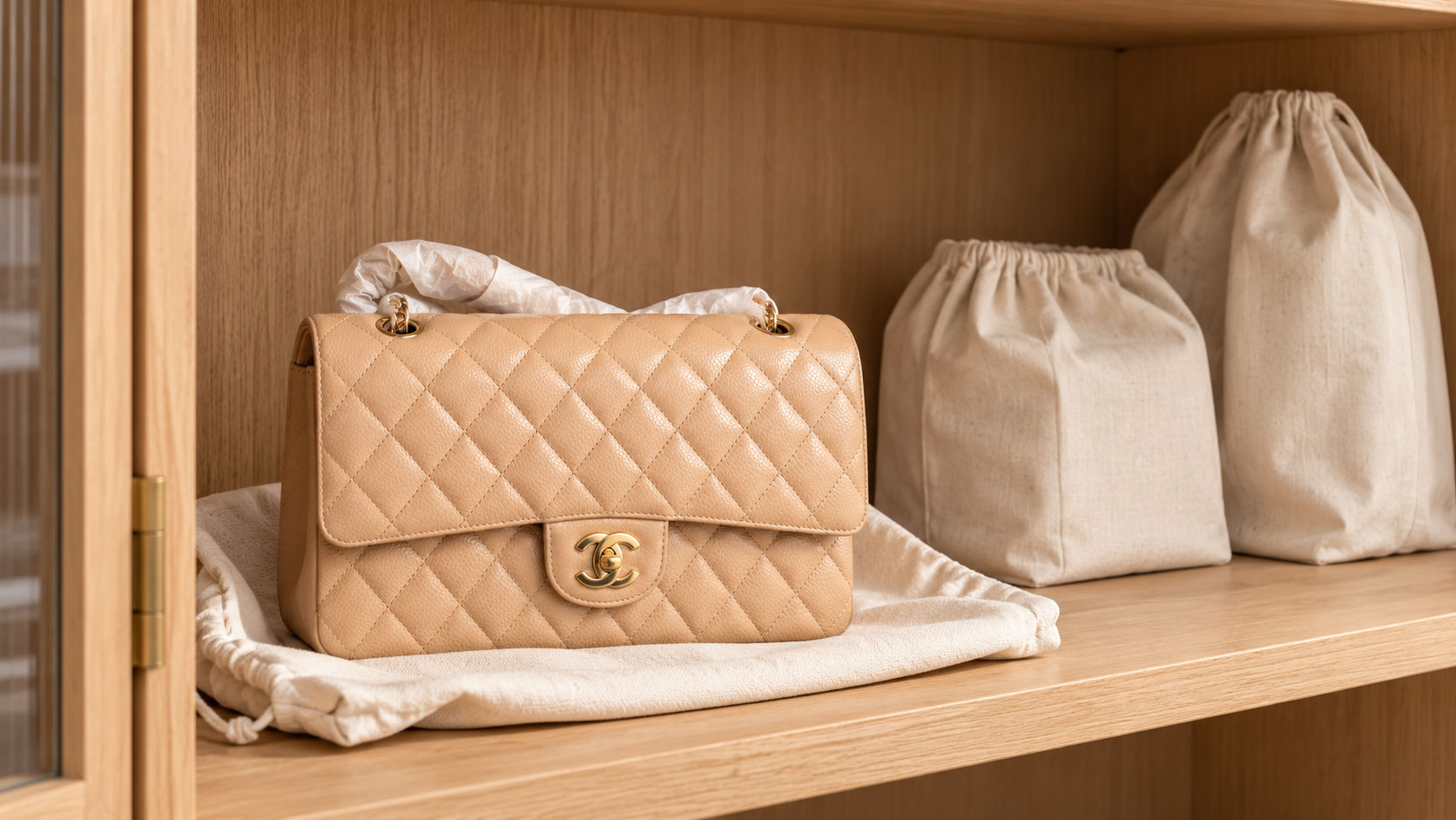Caramel quilted Chanel bag with a tissue-wrapped chain beside two closed protective pouches on an oak cabinet shelf.
