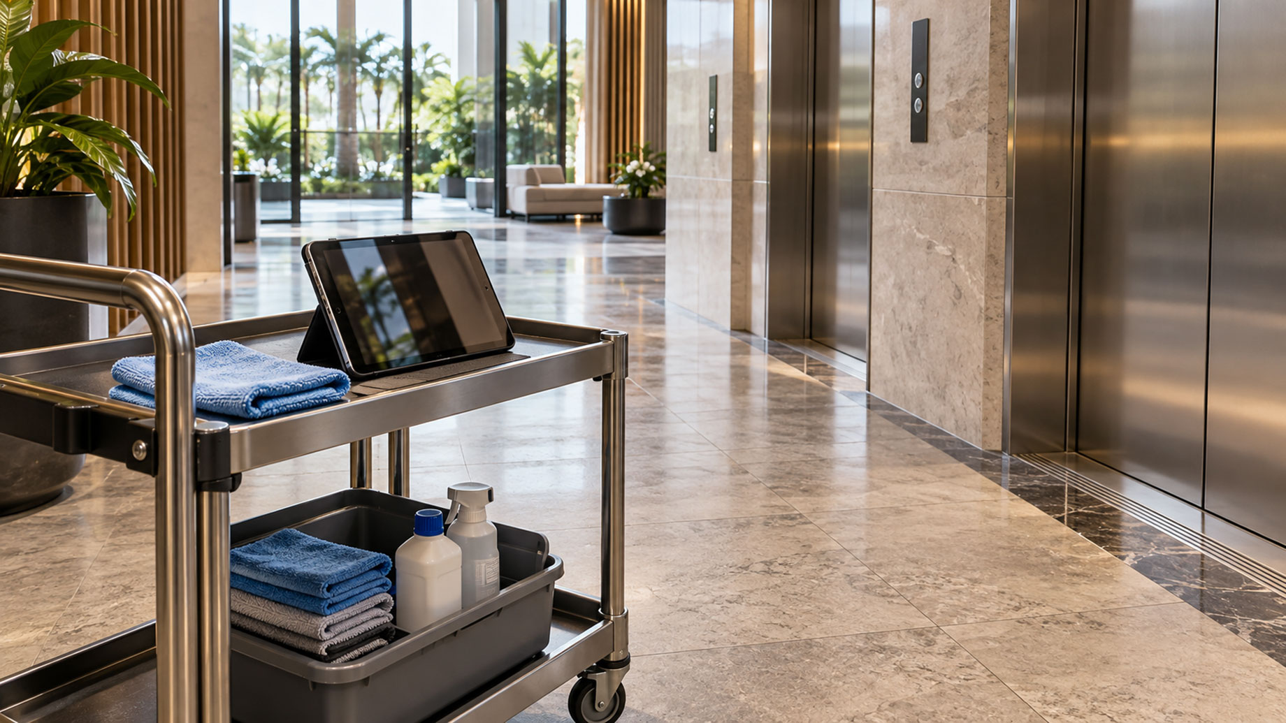 Cleaning trolley with a tablet, microfiber cloths, and bottles beside stainless-steel lifts in a sunlit lobby with stone flooring.