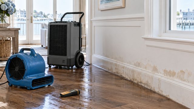 Blue air mover and gray dehumidifier beside a water-stained wall, with a moisture meter on the wet wooden floor.