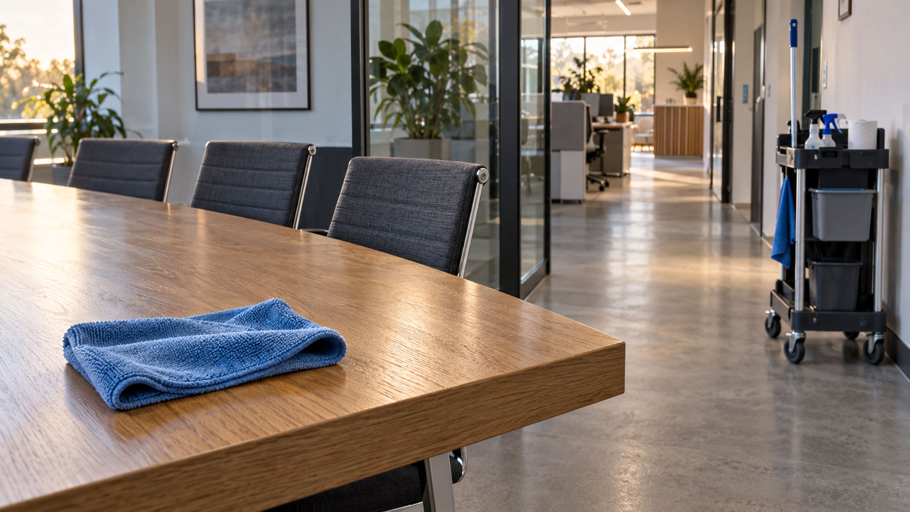 Blue microfiber cloth on a wooden conference table, with office chairs, glass partitions, and a cleaning cart beside the corridor.
