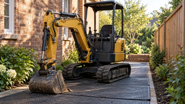 Yellow mini excavator parked on protective ground mats between a brick house and a wooden fence, bordered by garden plants.