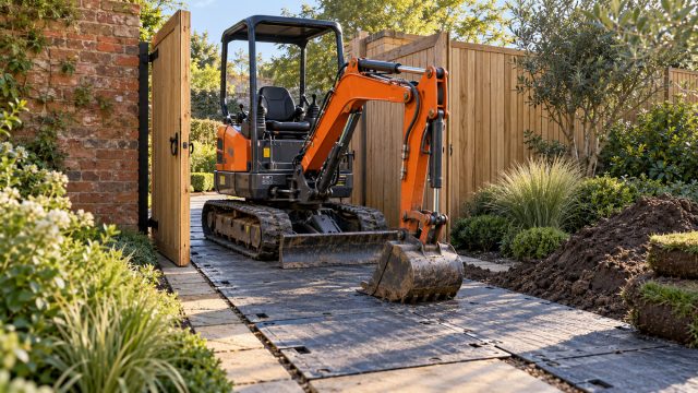 Orange mini excavator on protective ground mats beside an open wooden gate, with a soil pile and established garden planting nearby.