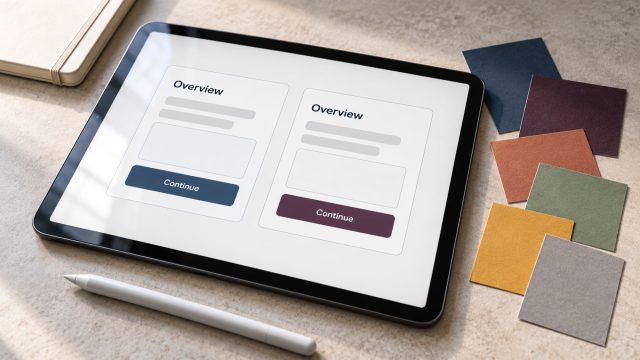 Tablet displaying two matching interface layouts with blue and purple buttons beside paper color swatches and a white stylus.