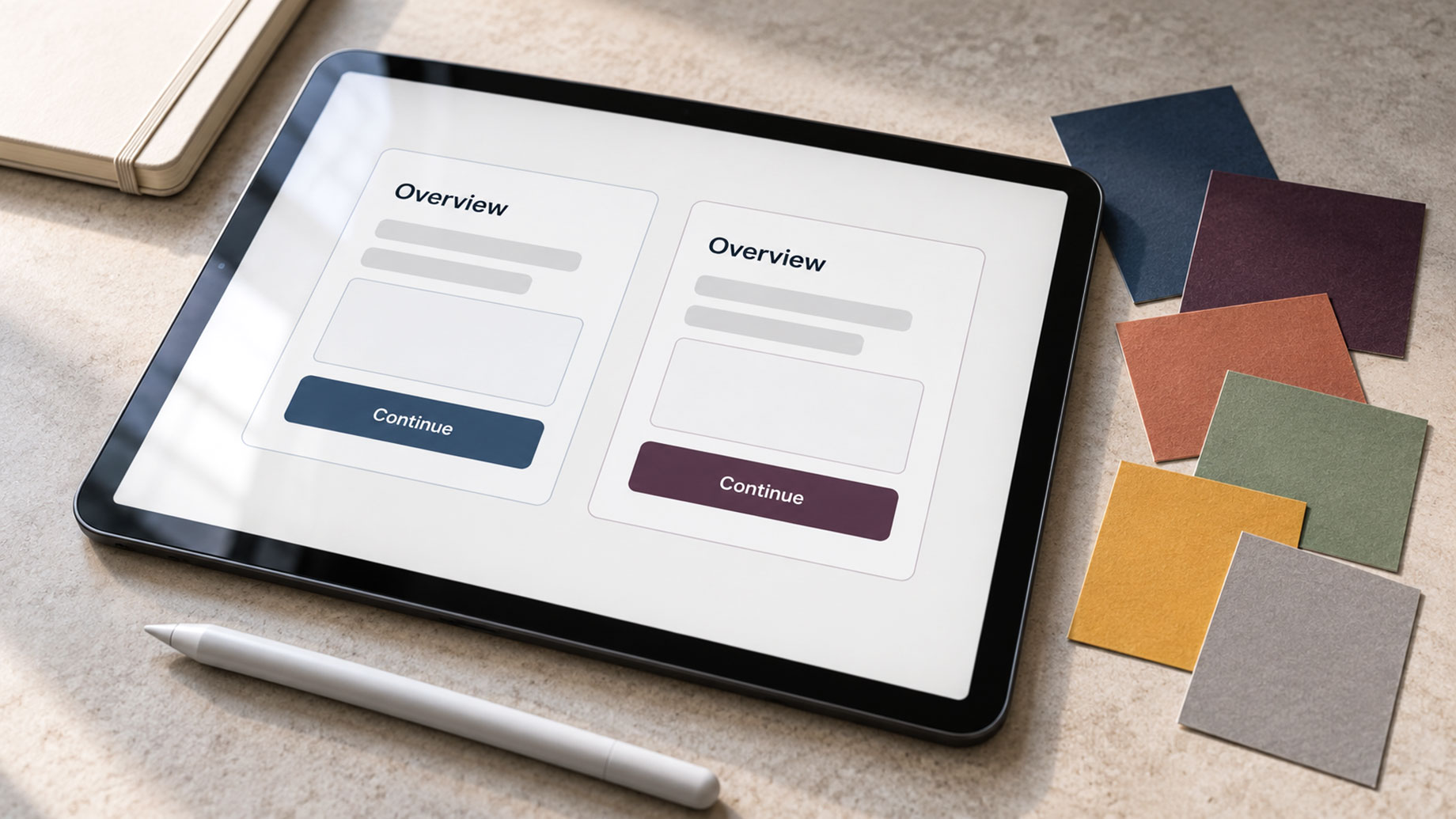 Tablet displaying two matching interface layouts with blue and purple buttons beside paper color swatches and a white stylus.