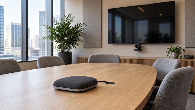 Fabric-covered conference speakerphone on a wooden meeting table, with a wall-mounted display, camera and large office windows.