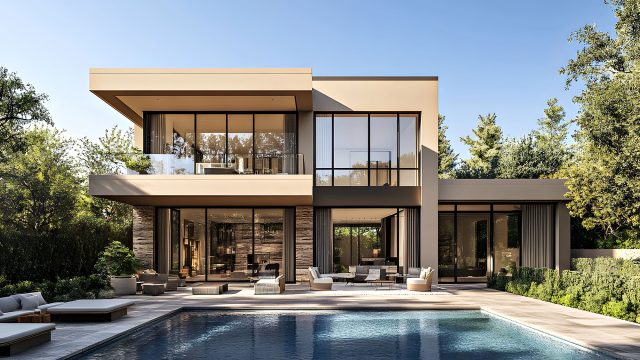 Two-story contemporary home with floor-to-ceiling windows, a glass balcony, furnished terrace and swimming pool surrounded by trees.