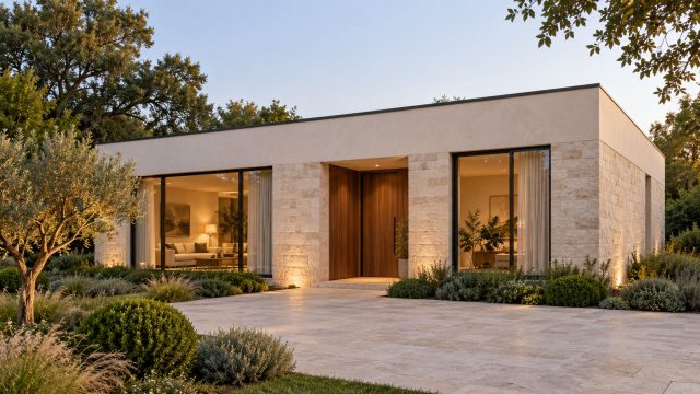 Single-story contemporary home with pale stone walls, a timber entrance, large windows and landscaped planting beneath a flat roof.