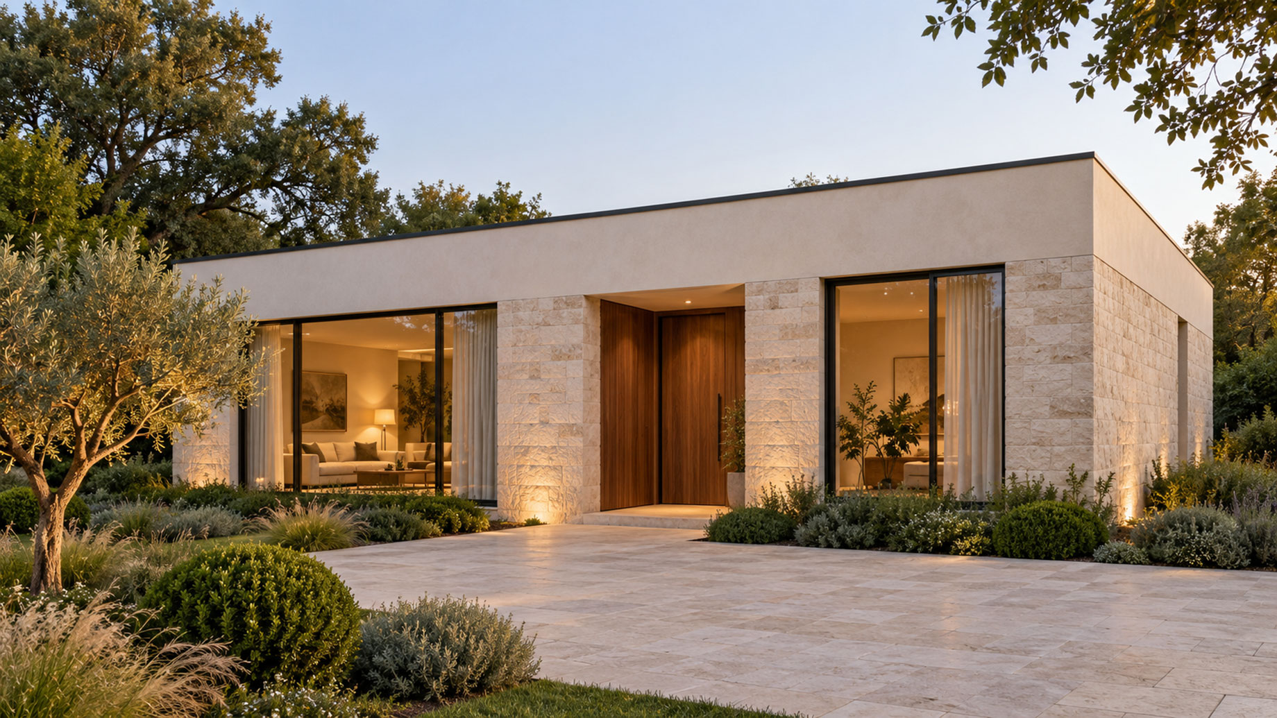 Single-story contemporary home with pale stone walls, a timber entrance, large windows and landscaped planting beneath a flat roof.