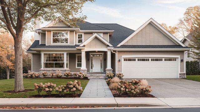Two-story suburban home with gray siding, white trim, a dark shingle roof, landscaped front garden, and clear entrance walkway framed by autumn trees.