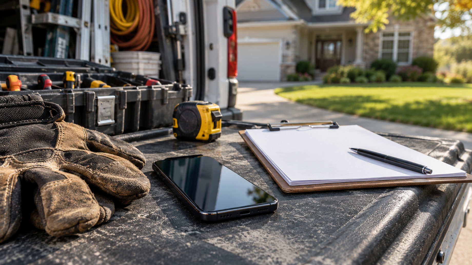 Smartphone beside worn work gloves, a tape measure, and a clipboard on a truck tailgate, with a house in the background.