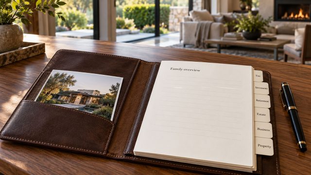 Leather folio with tabs for tax, investments, retirement, estate, business and property, beside a fountain pen on a walnut desk.