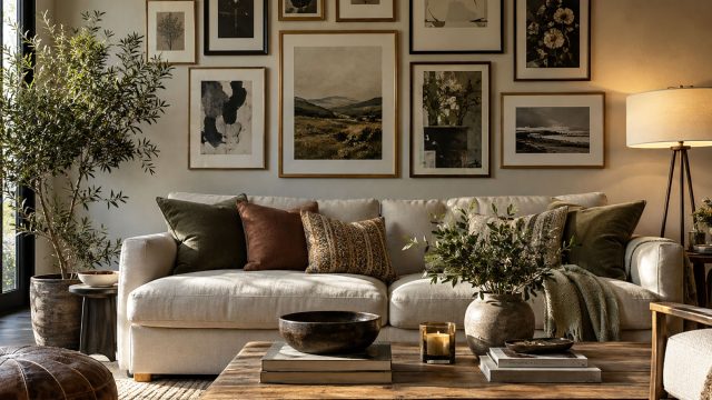Gallery wall of black and natural wood frames displaying artwork above a cream sofa with earth-toned cushions in a warmly lit living room.