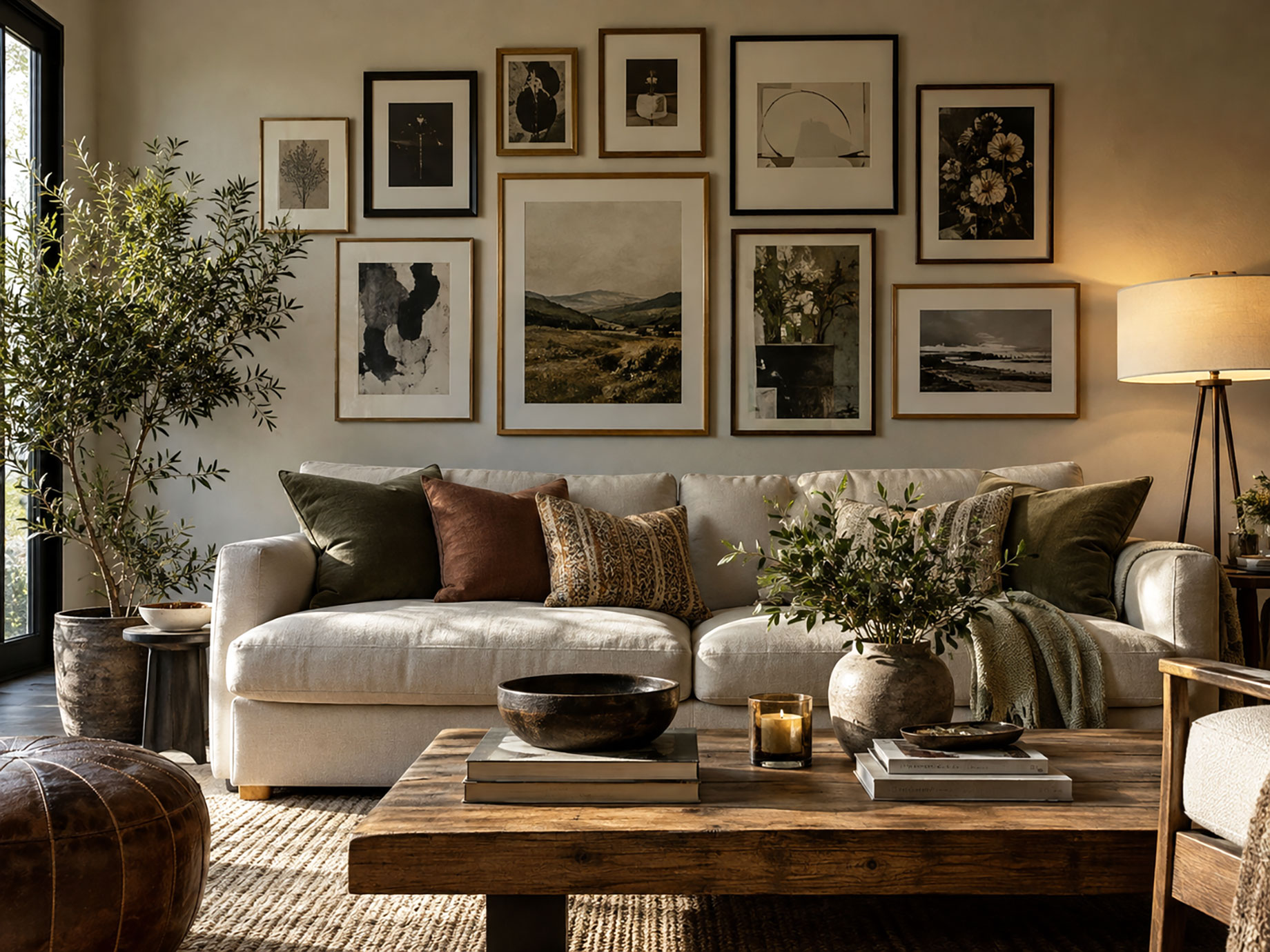 Gallery wall of black and natural wood frames displaying artwork above a cream sofa with earth-toned cushions in a warmly lit living room.