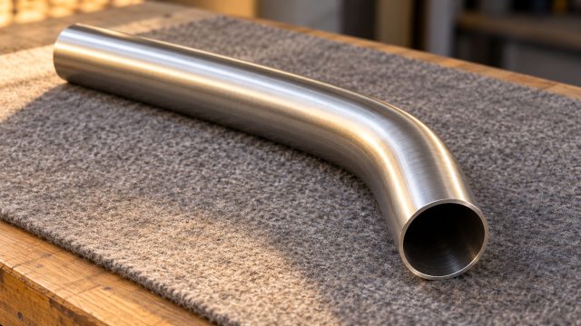 Smooth stainless steel tube with a rounded bend and an open end resting on a gray mat atop a wooden workbench.