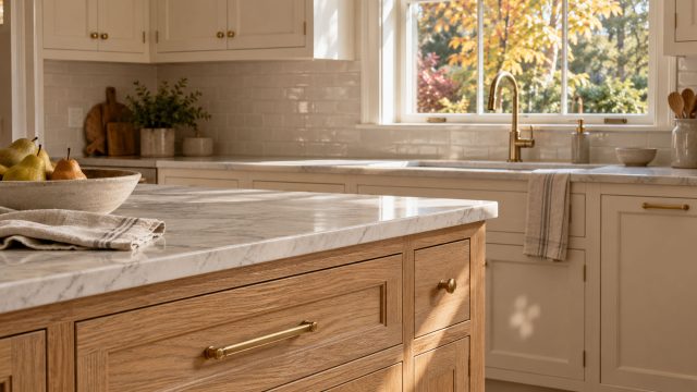 Oak kitchen island with a stone countertop and brass handles, cream cabinetry and autumn foliage outside the window.