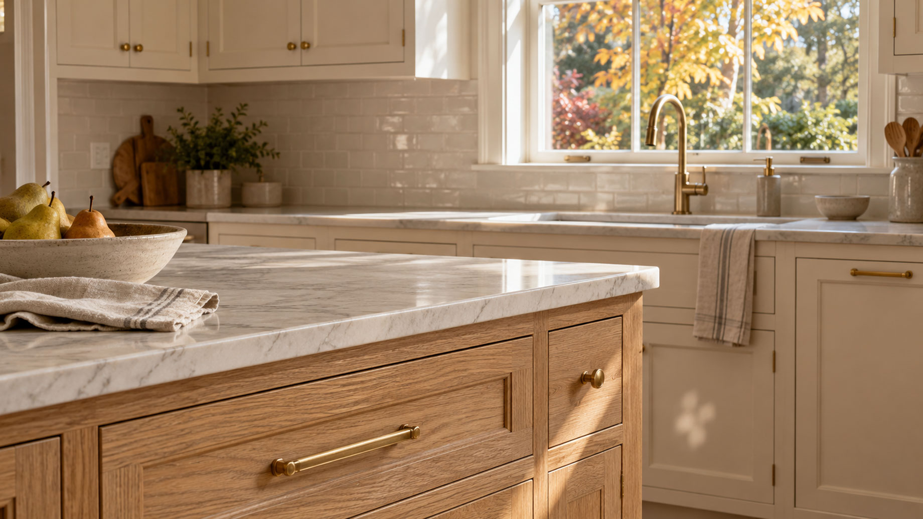 Oak kitchen island with a stone countertop and brass handles, cream cabinetry and autumn foliage outside the window.