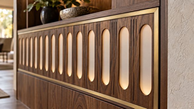 Close-up of walnut cabinetry with repeated rounded cutouts, softly lit frosted acrylic inserts, and brushed brass edging.