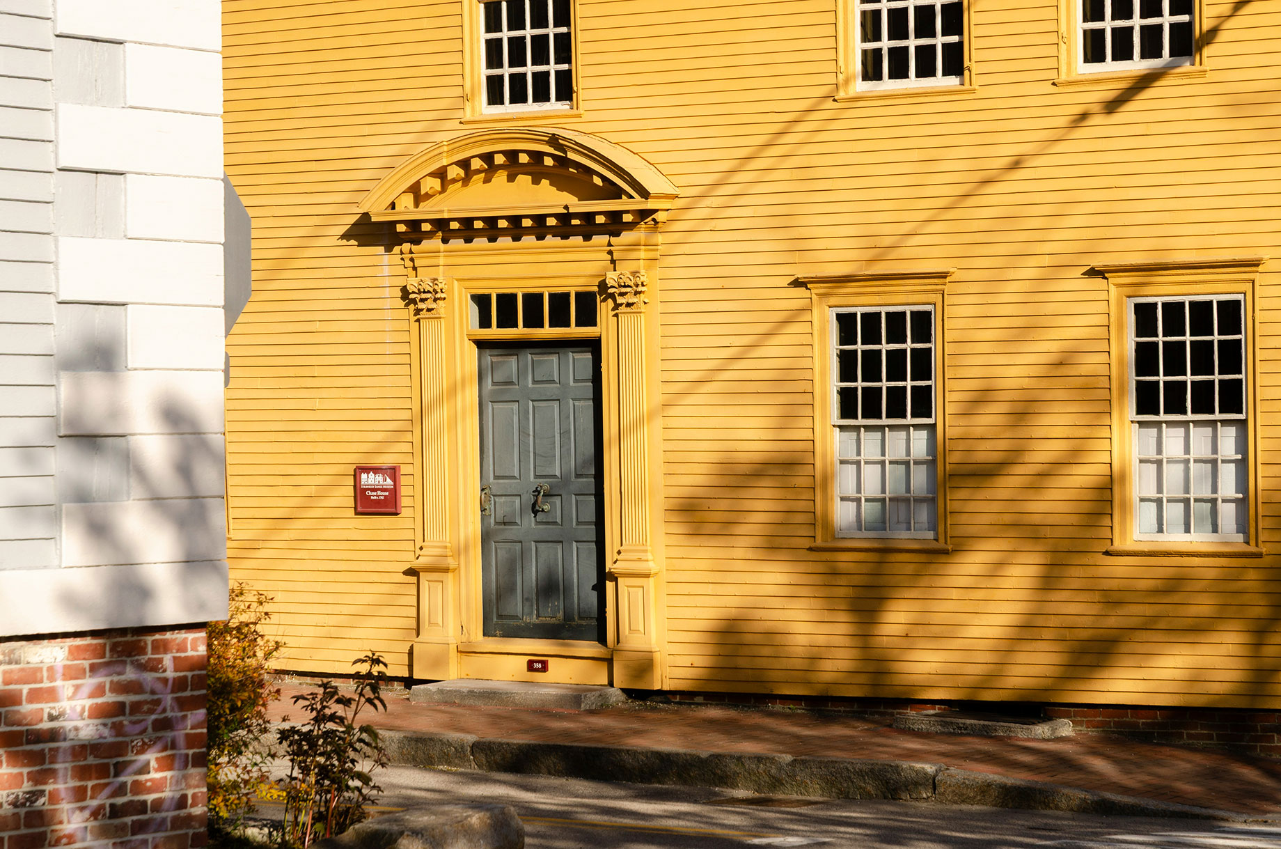 Dark gray paneled door with ornate yellow trim on a yellow clapboard building, with tree shadows across the facade.