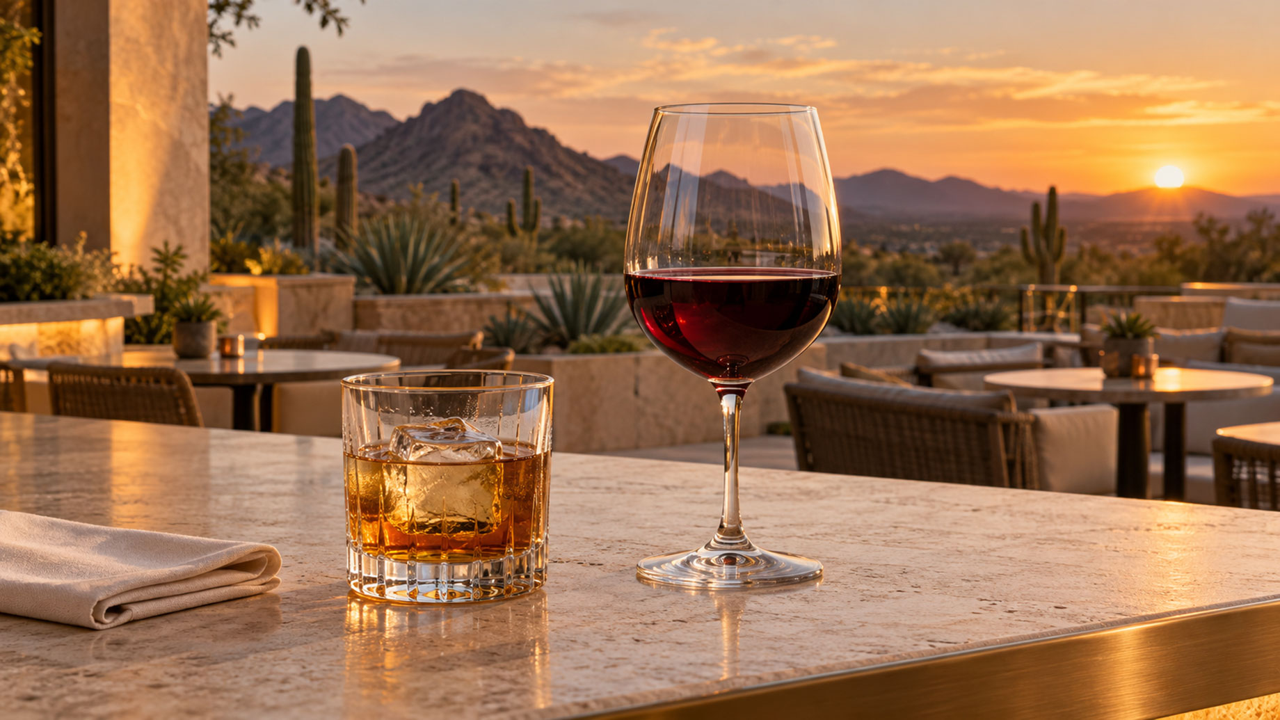 Red wine and an amber drink with ice on a stone bar counter overlooking cacti and desert mountains at sunset.