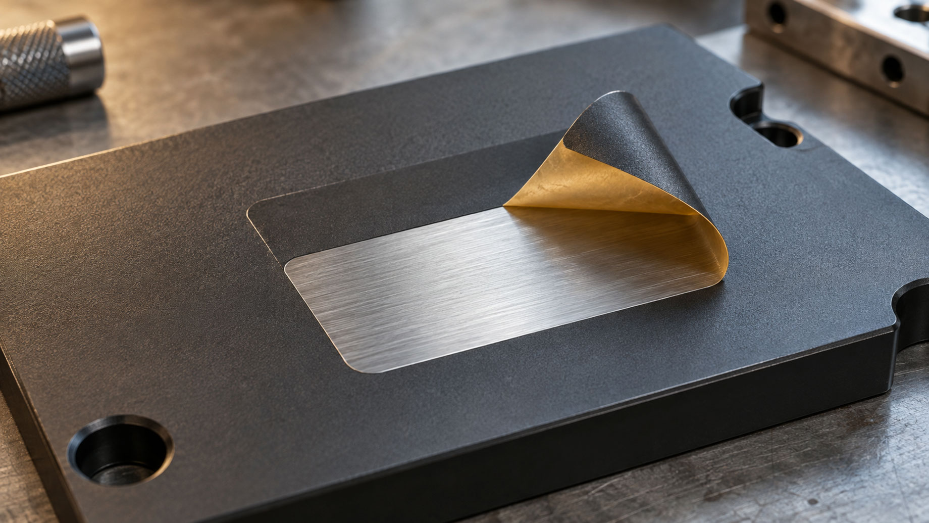 Partially peeled masking tape reveals a sharply defined brushed metal area on a dark coated component.