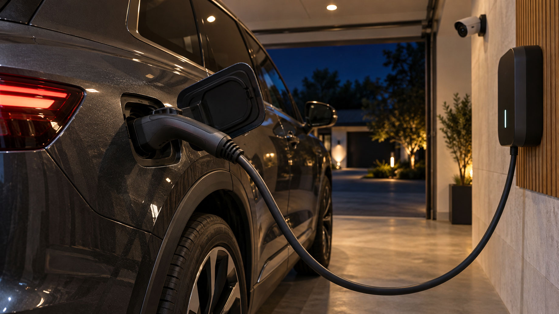 Electric SUV plugged into a wall-mounted charger in a warmly lit garage, with a security camera above and a dark driveway beyond.